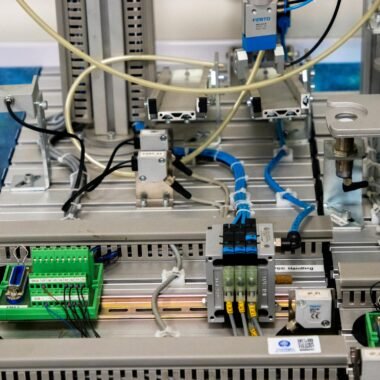 Close-up of industrial equipment showcasing electronic wiring and sensors in a manufacturing setup.